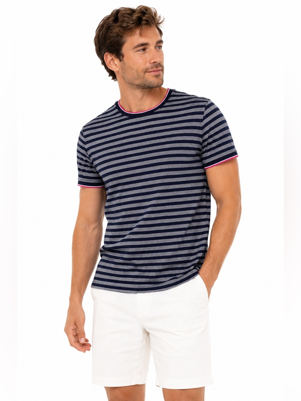 Ted Baker Bullway Navy White Stripe Cotton Tee Pink Trim Crew Neck Size 3 Medium